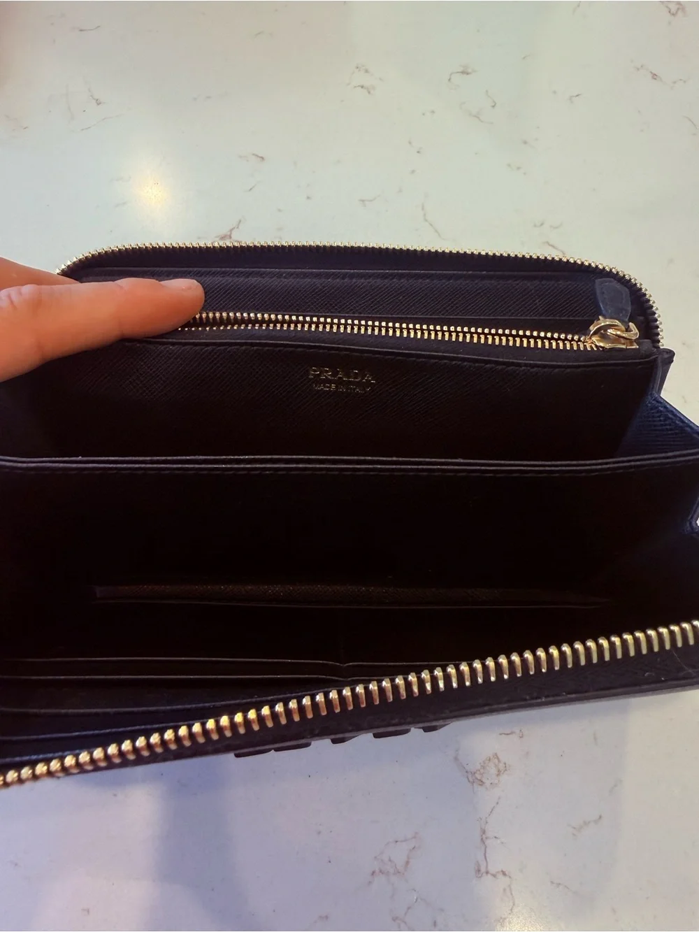 Prada Black Saffiano Leather Zip-Around Wallet with Gold Zipper